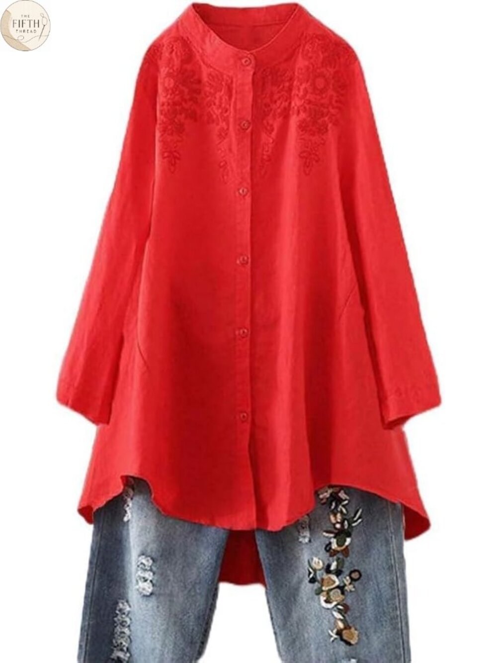 Cotton Linen Button Down Shirt Embroidered Loose Fit Blouse